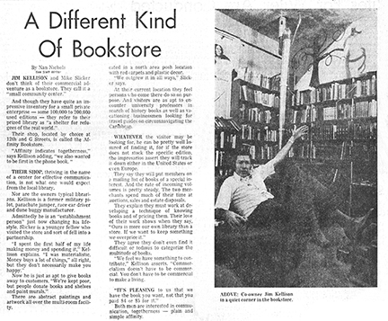 news paper article of Jim Kellison in his Sacramento bookstore in 1974